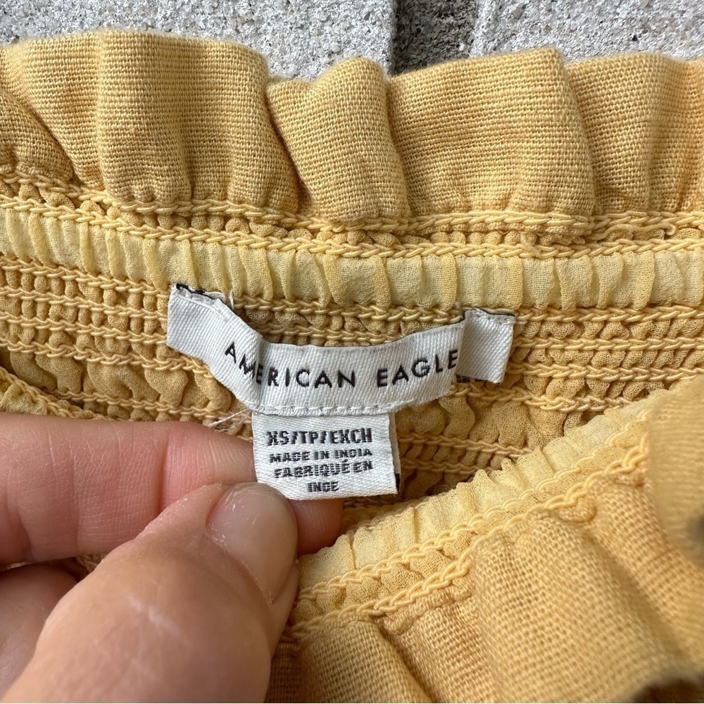 American Eagle Yellow Smocked Linen Mini Dress Ruffle Hem Summer Bodycon XS - Picture 9 of 9